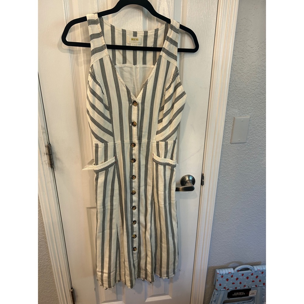 Maeve Dress Ivory Grey Striped Button Front Midi‎ Sleeveless Pockets Boho